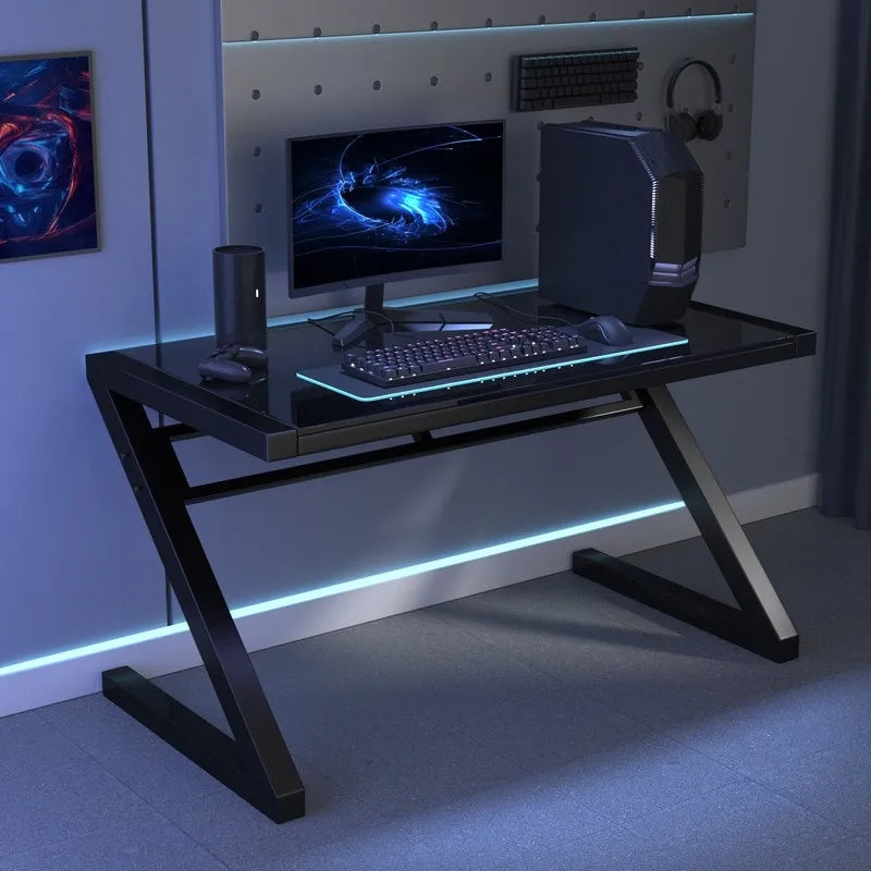 Bureau de jeu et d'étude professionnel en verre trempé avec pieds en Z et câble USB intégré