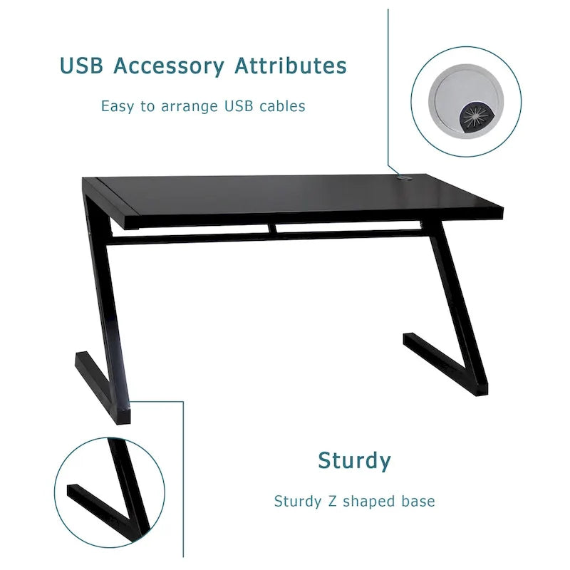 Bureau de jeu et d'étude professionnel en verre trempé avec pieds en Z et câble USB intégré