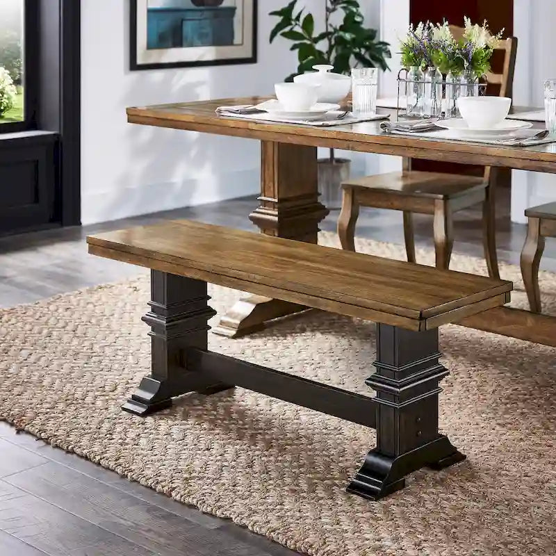 Banc de salle à manger en bois avec pieds tréteaux bicolores
