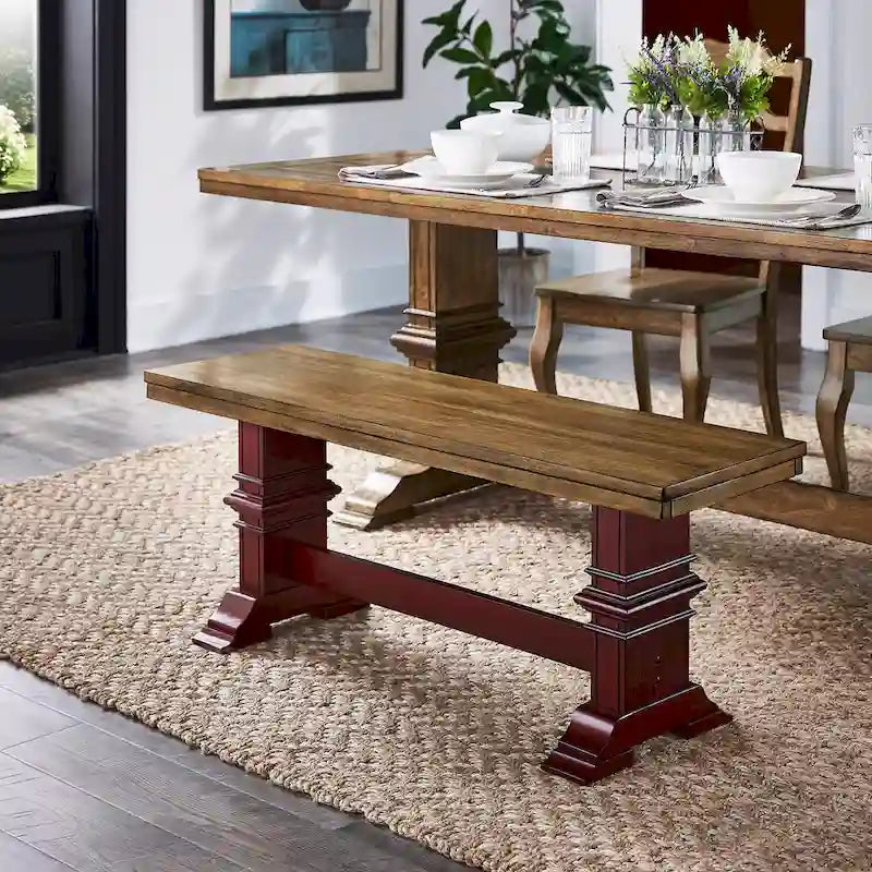Banc de salle à manger en bois avec pieds tréteaux bicolores