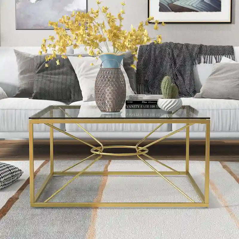 Table basse en acier et verre de 35 pouces, revêtement or glamour
