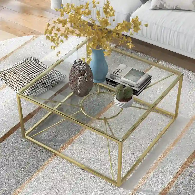 Table basse en acier et verre de 35 pouces, revêtement or glamour