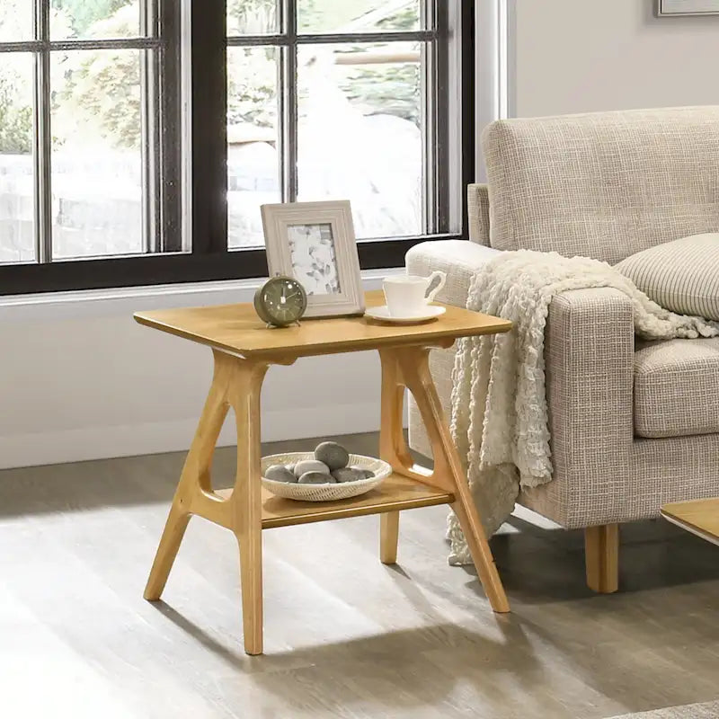 Table d'appoint en bois Mid-Century Modern avec étagère