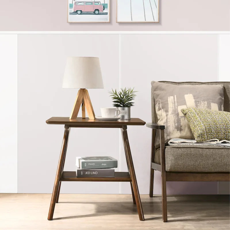 Table d'appoint en bois Mid-Century Modern avec étagère