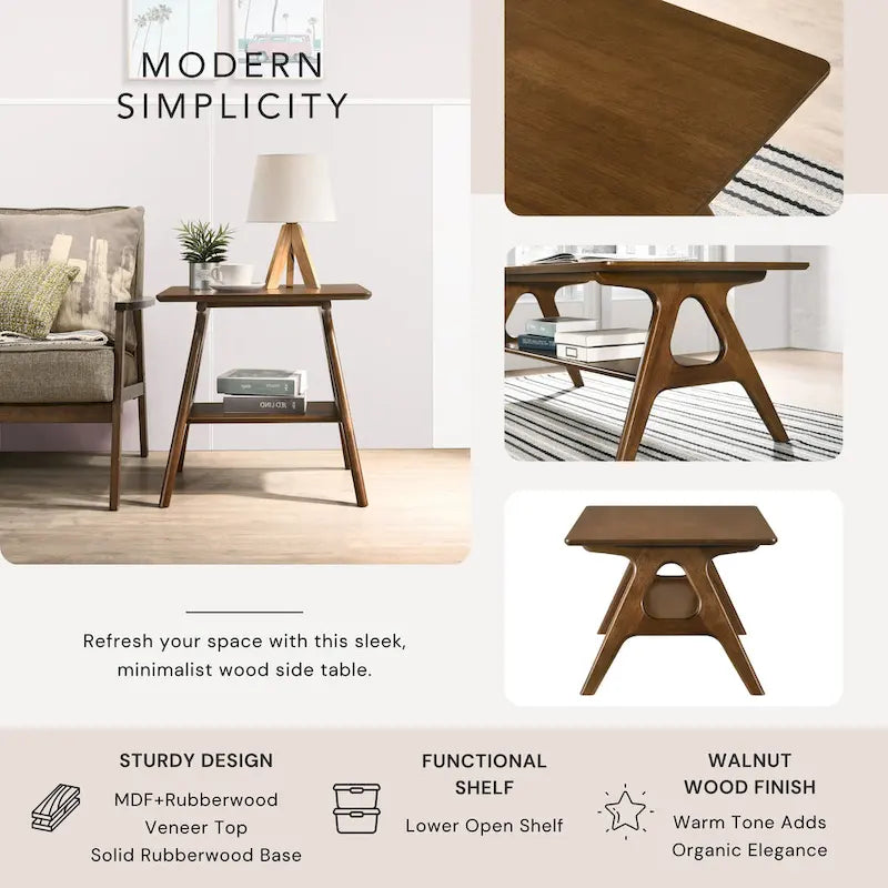 Table d'appoint en bois Mid-Century Modern avec étagère