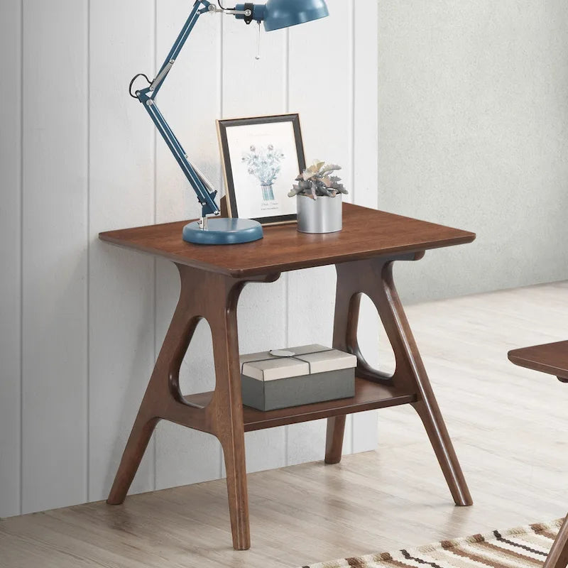 Table d'appoint en bois Mid-Century Modern avec étagère