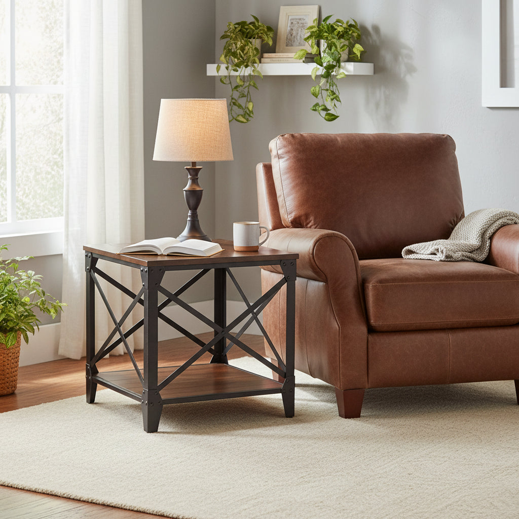 Table d'appoint carrée rustique en bois massif et fer forgé