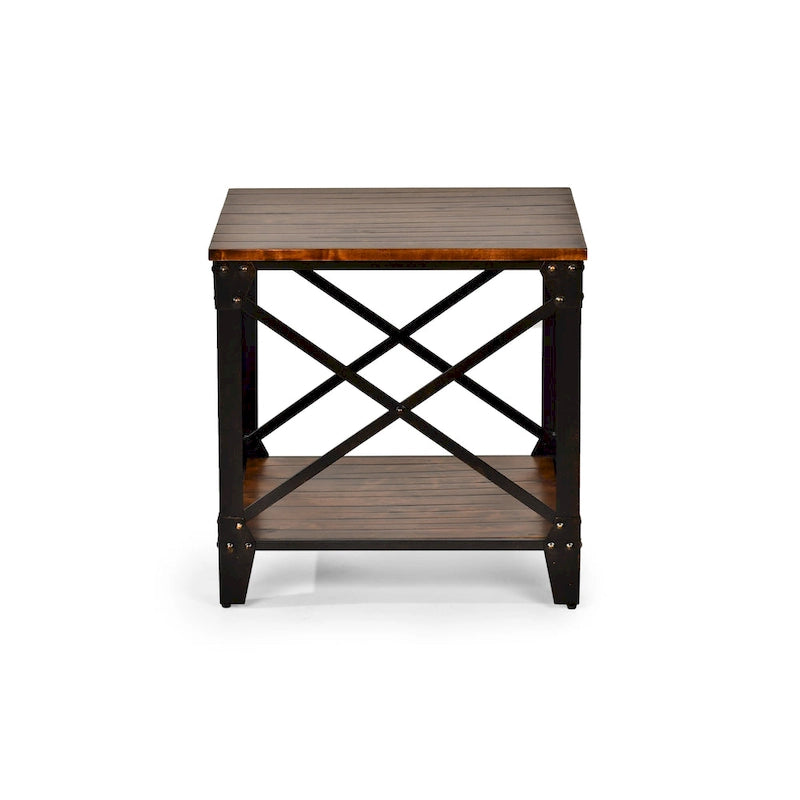Table d'appoint carrée rustique en bois massif et fer forgé