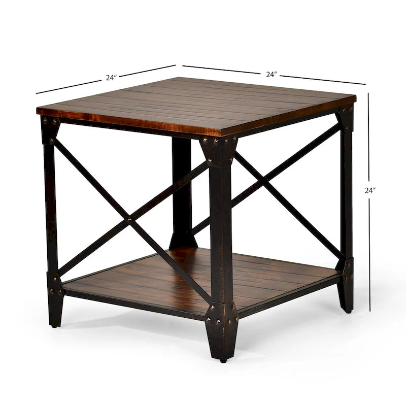 Table d'appoint carrée rustique en bois massif et fer forgé
