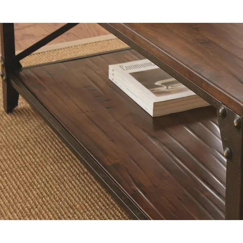 Table d'appoint carrée rustique en bois massif et fer forgé