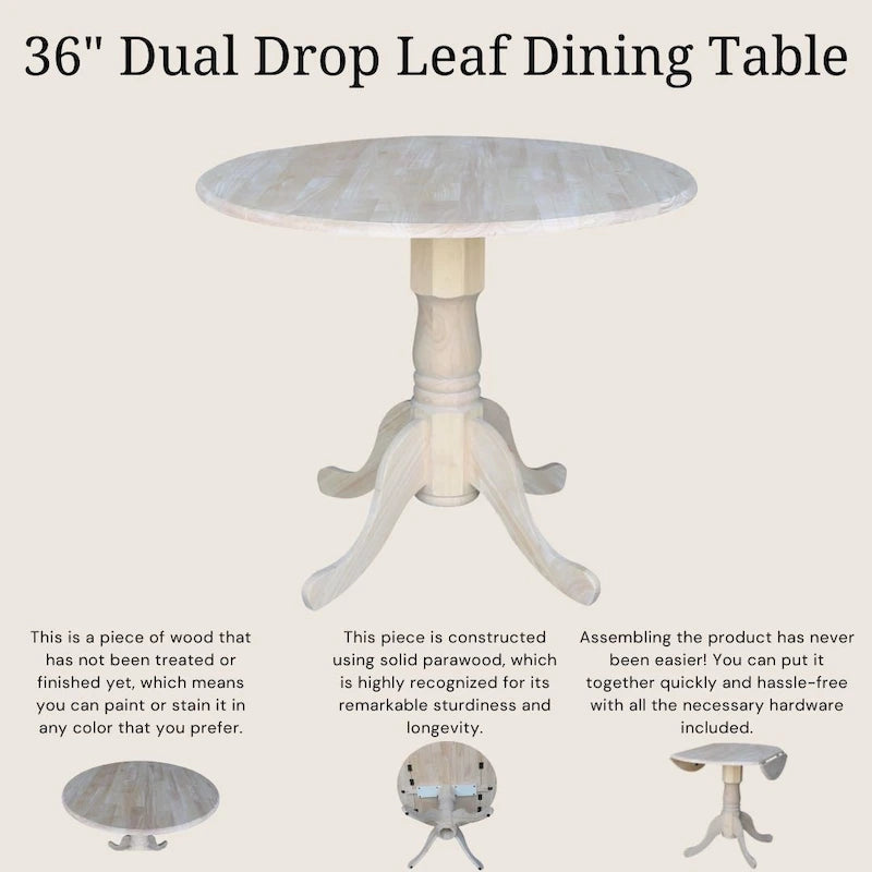 Table de salle à manger ronde en bois massif de 36 pouces avec abattants - Non finie