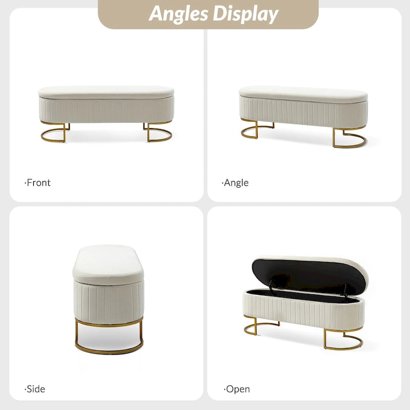Banc de rangement capitonné avec dessus relevable et pouf.