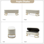 Banc de rangement capitonné avec dessus relevable et pouf.