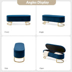 Banc de rangement capitonné avec dessus relevable et pouf.