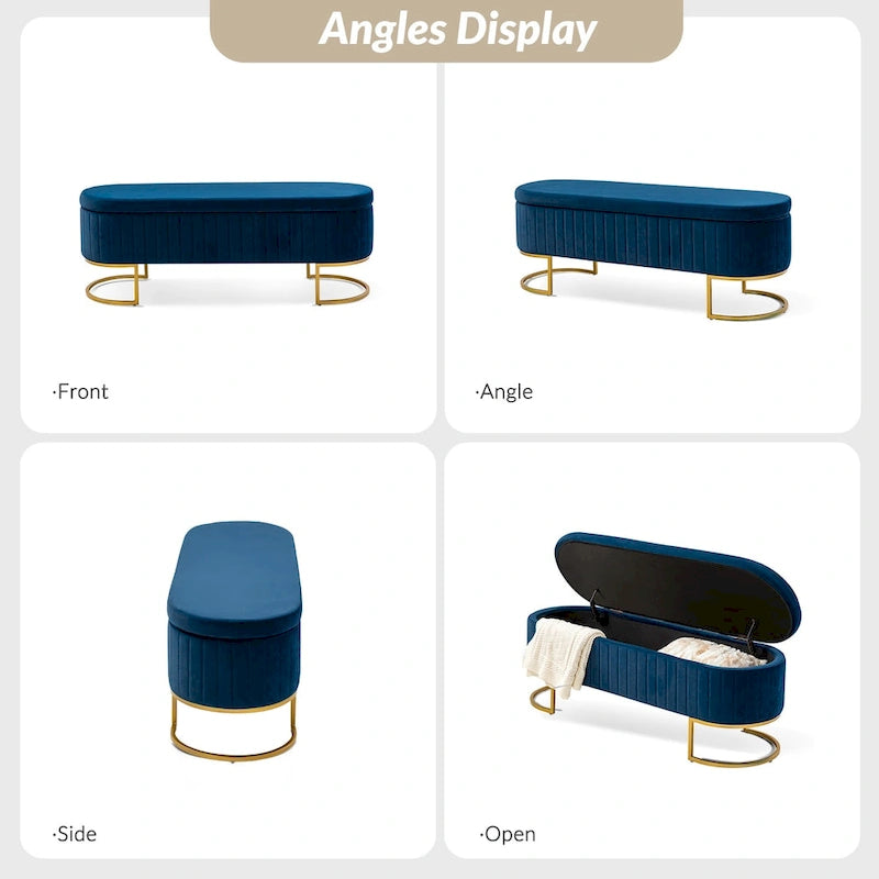 Banc de rangement capitonné avec dessus relevable et pouf.