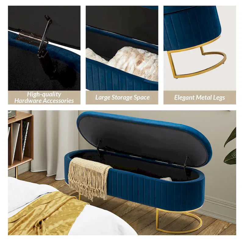 Banc de rangement capitonné avec dessus relevable et pouf.