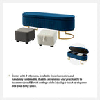 Banc de rangement capitonné avec dessus relevable et pouf.