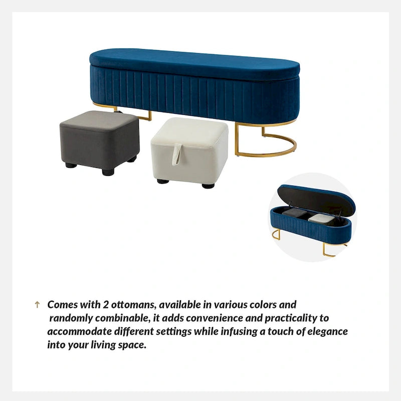 Banc de rangement capitonné avec dessus relevable et pouf.