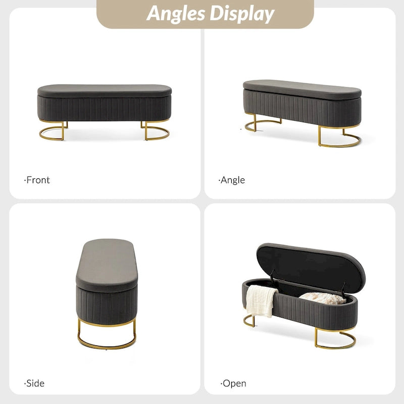 Banc de rangement capitonné avec dessus relevable et pouf.