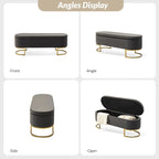 Banc de rangement capitonné avec dessus relevable et pouf.