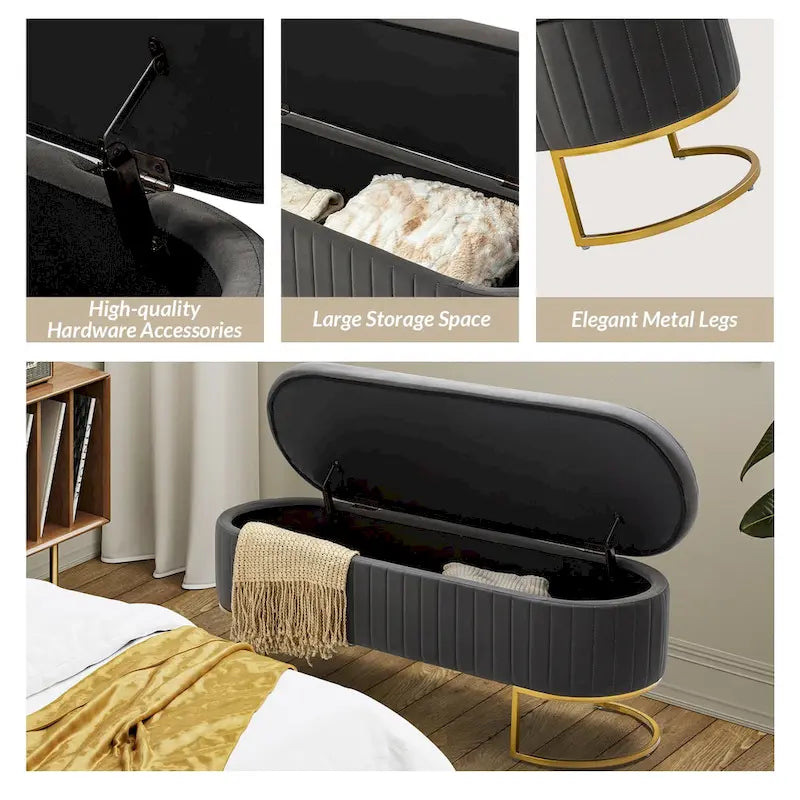 Banc de rangement capitonné avec dessus relevable et pouf.