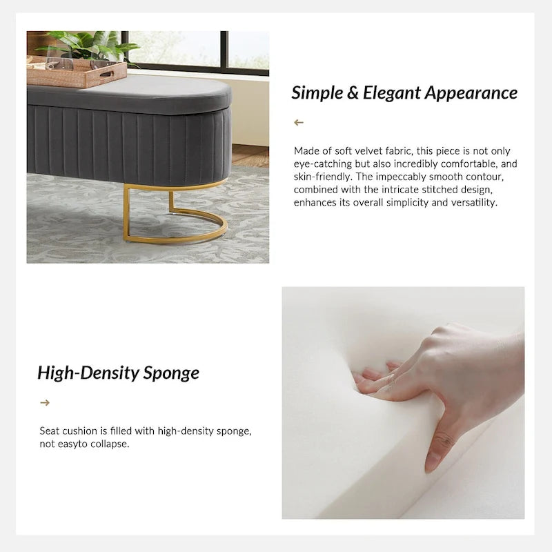 Banc de rangement capitonné avec dessus relevable et pouf.
