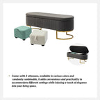 Banc de rangement capitonné avec dessus relevable et pouf.
