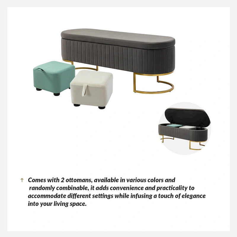 Banc de rangement capitonné avec dessus relevable et pouf.