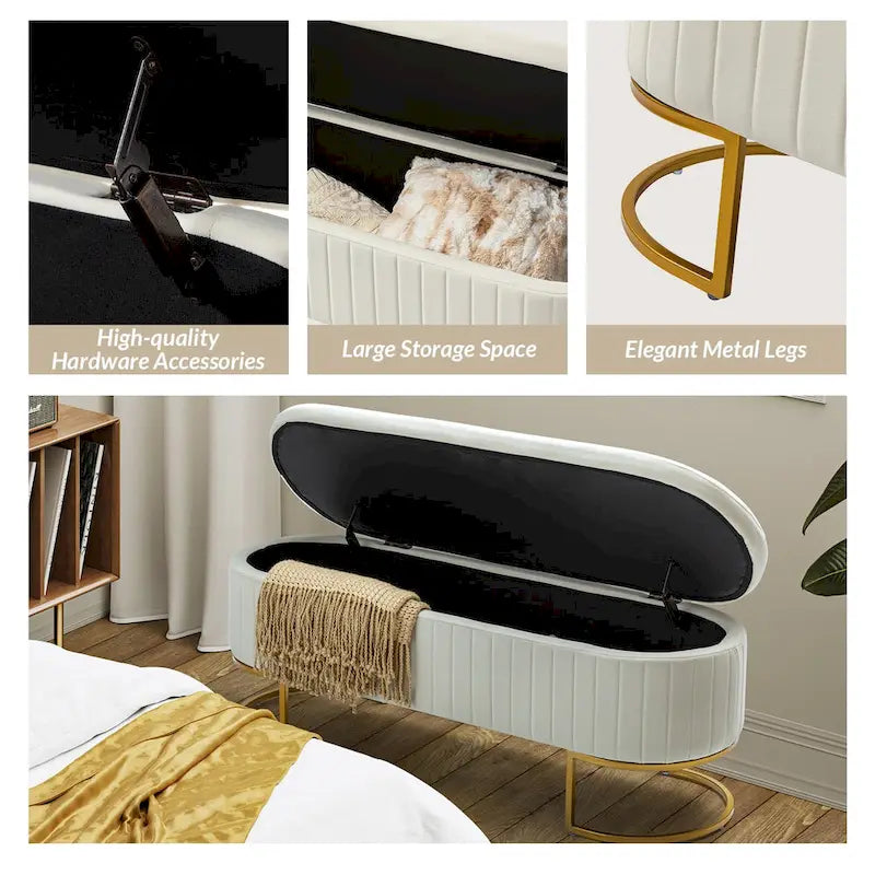 Banc de rangement capitonné avec dessus relevable et pouf.