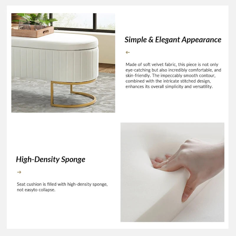 Banc de rangement capitonné avec dessus relevable et pouf.