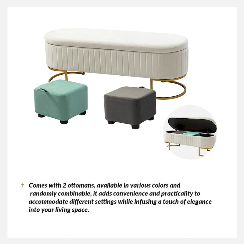 Banc de rangement capitonné avec dessus relevable et pouf.