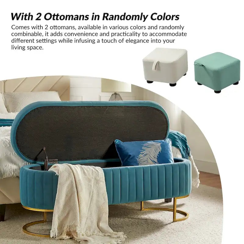 Banc de rangement capitonné avec dessus relevable et pouf.