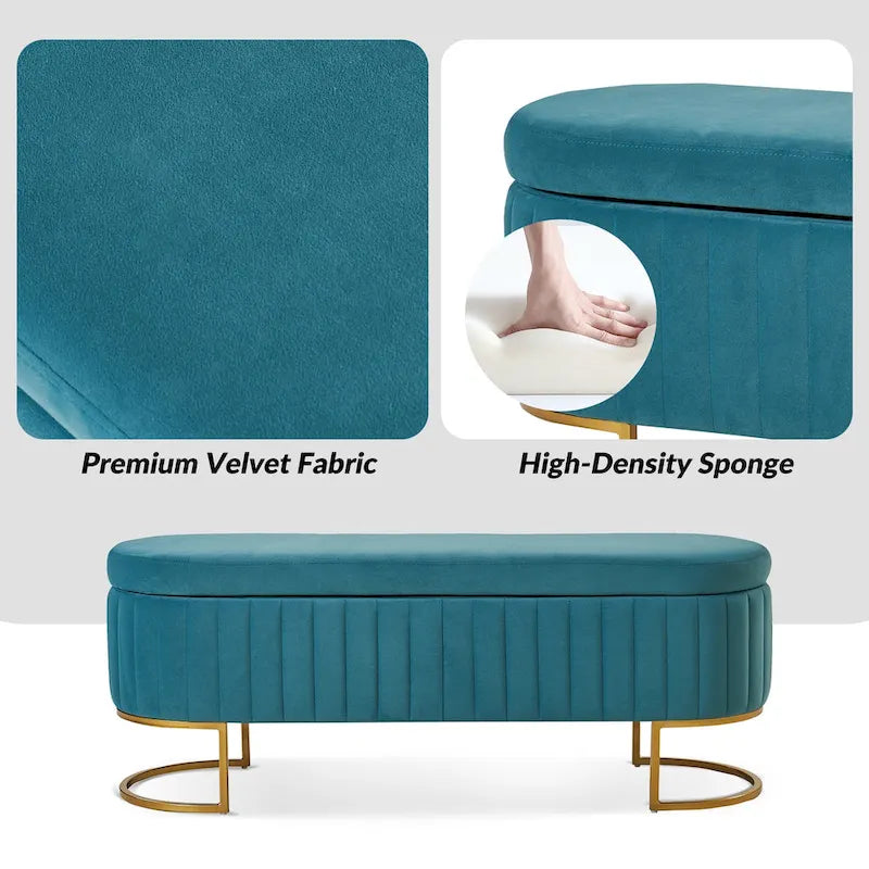 Banc de rangement capitonné avec dessus relevable et pouf.