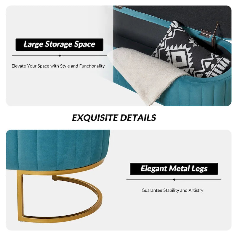 Banc de rangement capitonné avec dessus relevable et pouf.