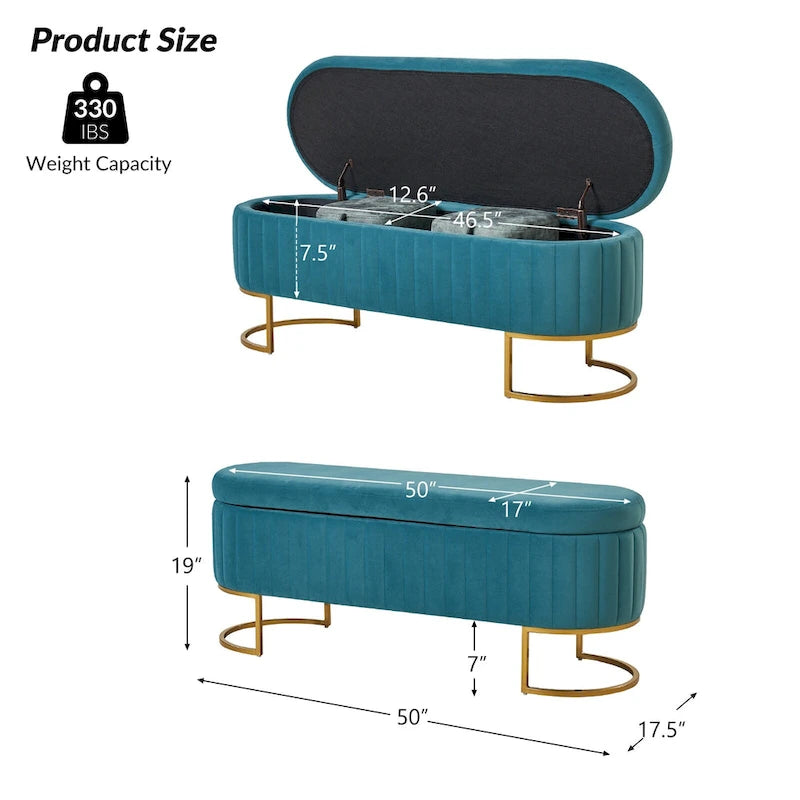 Banc de rangement capitonné avec dessus relevable et pouf.