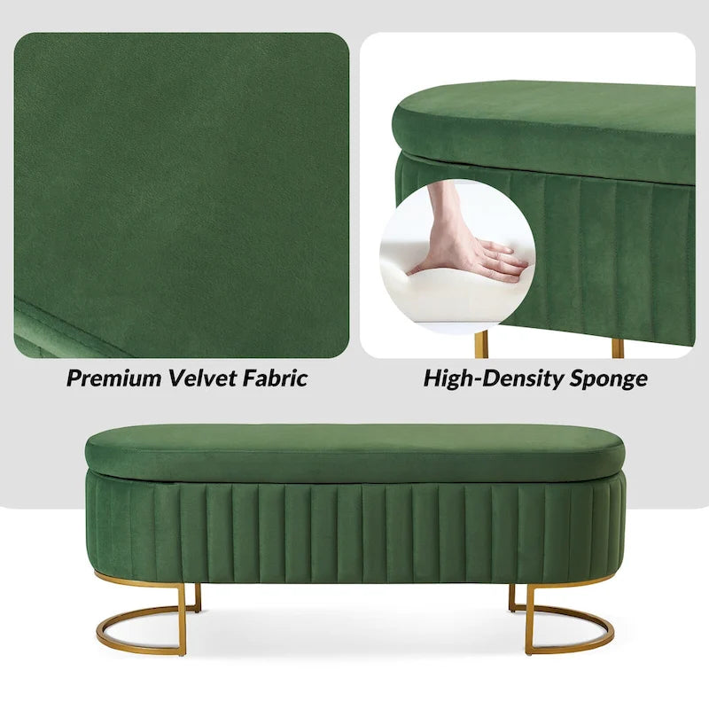 Banc de rangement capitonné avec dessus relevable et pouf.