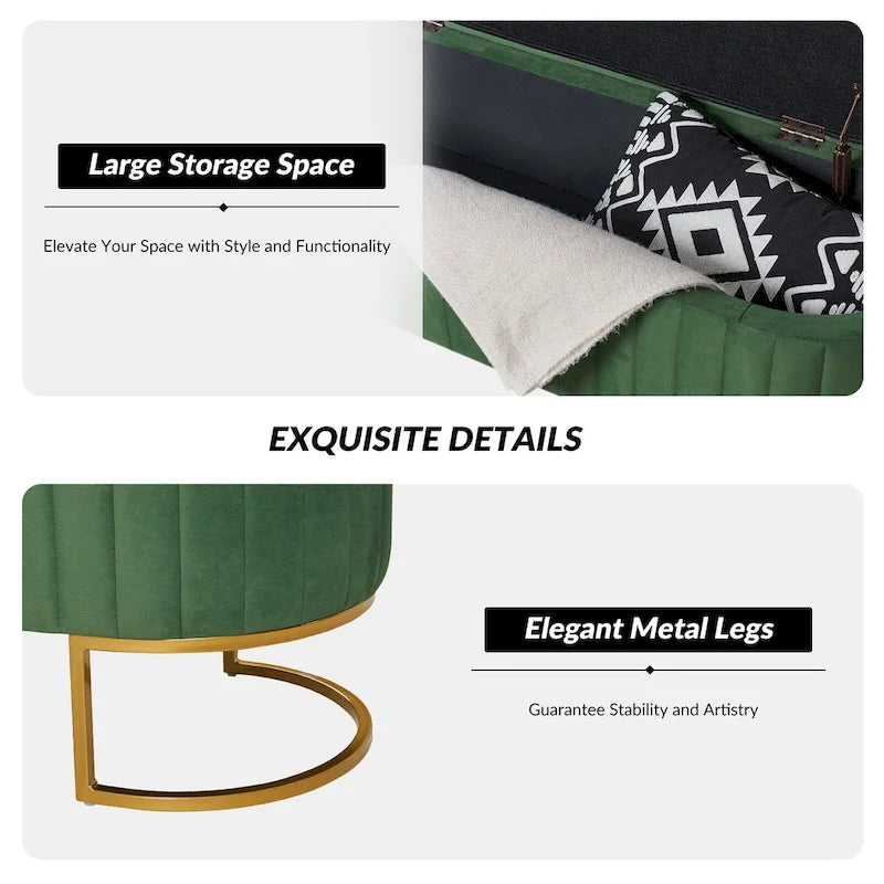 Banc de rangement capitonné avec dessus relevable et pouf.