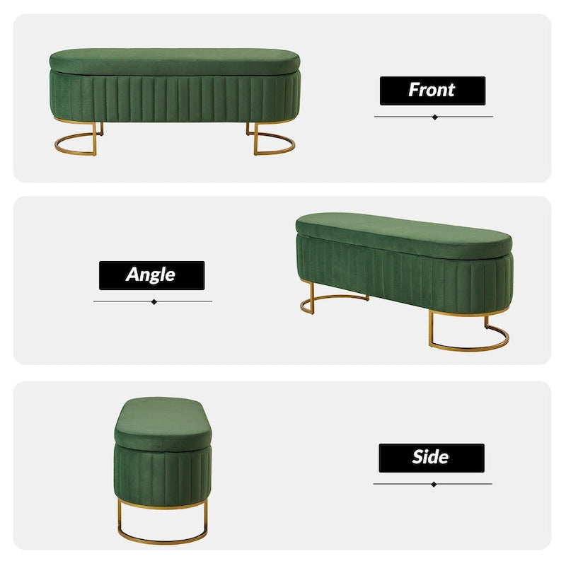 Banc de rangement capitonné avec dessus relevable et pouf.