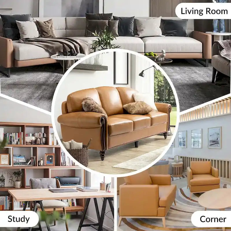 Canapé traditionnel en cuir véritable avec pieds en bois sculpté