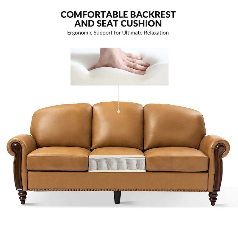 Canapé traditionnel en cuir véritable avec pieds en bois sculpté