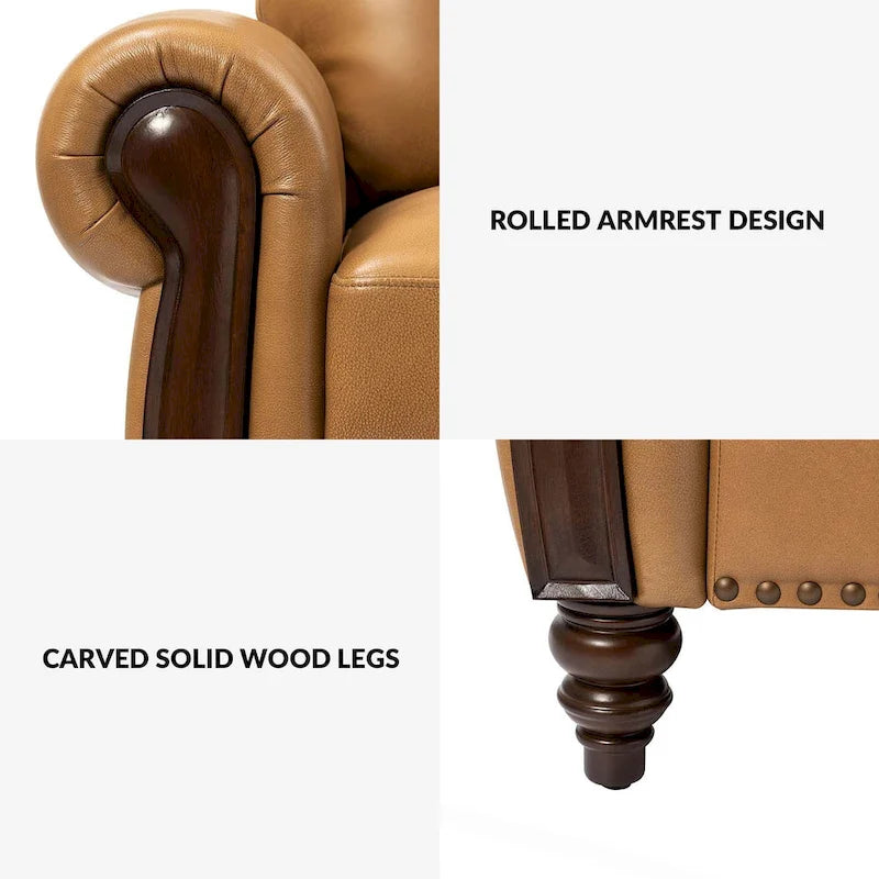 Canapé traditionnel en cuir véritable avec pieds en bois sculpté