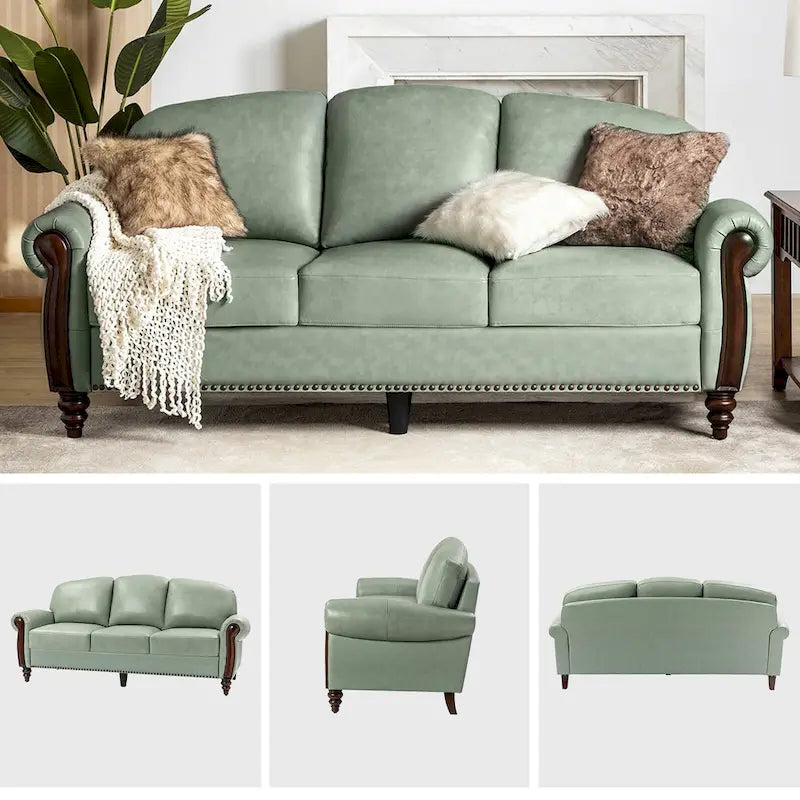 Canapé traditionnel en cuir véritable avec pieds en bois sculpté