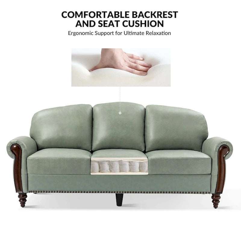 Canapé traditionnel en cuir véritable avec pieds en bois sculpté