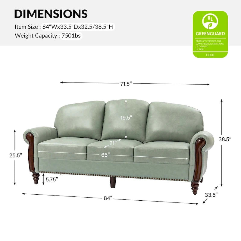 Canapé traditionnel en cuir véritable avec pieds en bois sculpté