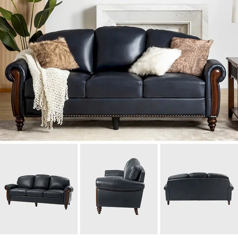 Canapé traditionnel en cuir véritable avec pieds en bois sculpté