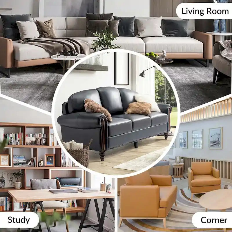 Canapé traditionnel en cuir véritable avec pieds en bois sculpté