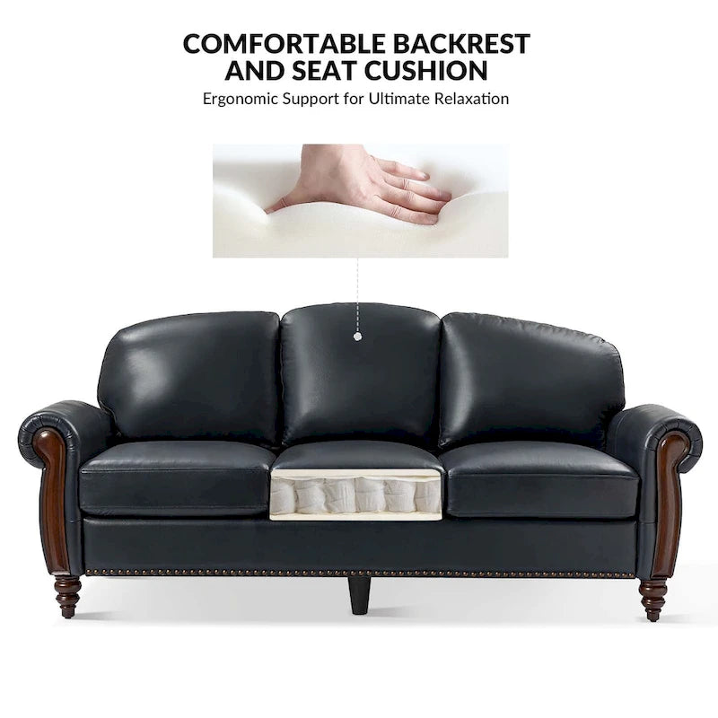 Canapé traditionnel en cuir véritable avec pieds en bois sculpté