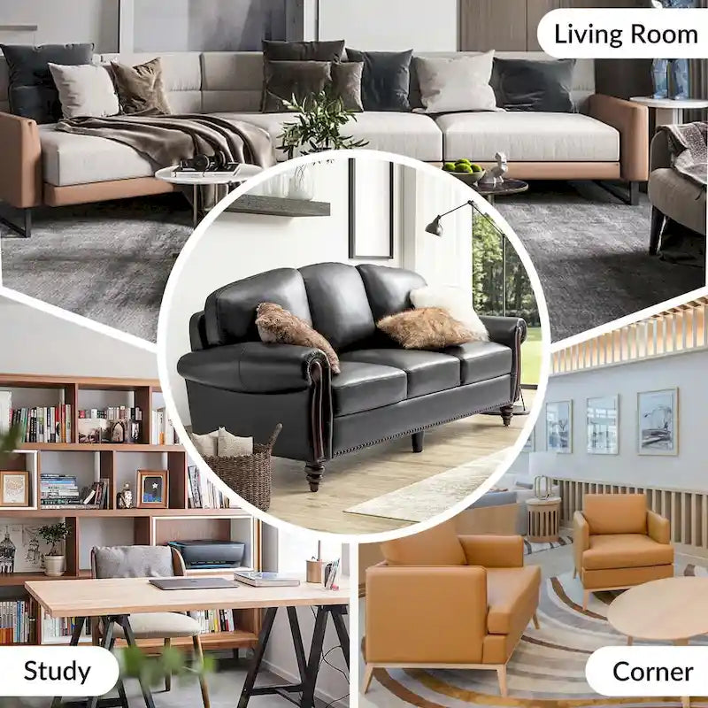 Canapé traditionnel en cuir véritable avec pieds en bois sculpté