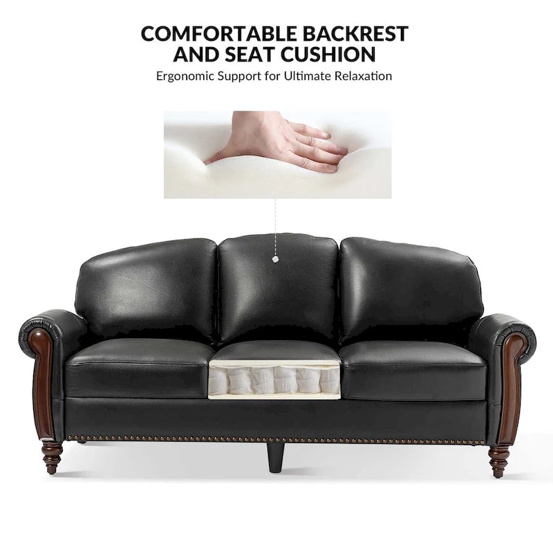 Canapé traditionnel en cuir véritable avec pieds en bois sculpté