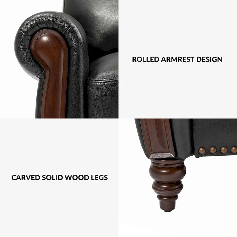 Canapé traditionnel en cuir véritable avec pieds en bois sculpté